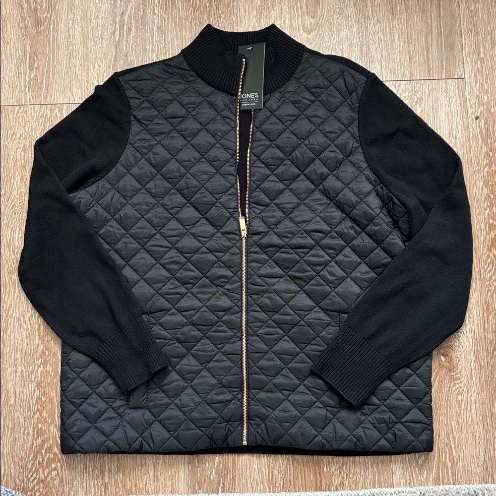 New! Jones New York black quilted knit cardigan sweater, large
